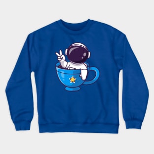 Cute Astronaut In Mug With Peace Hand Cartoon Crewneck Sweatshirt